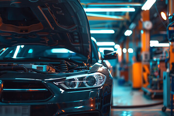 A black car with an open hood in a brightly lit repair shop