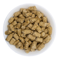 Oat bran in white bowl png. Top view. Isolated on transparent background