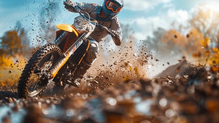 photograph of A motocross racer navigating a muddy track, bike kicking up dirt and showcasing the speed and control of the rider wide angle lens.