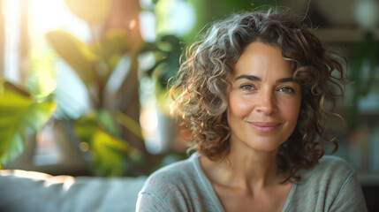 Fototapeta premium happy middle aged mature blonde casual woman sitting on the sofa in the living room, sunlight illuminating her curly hair