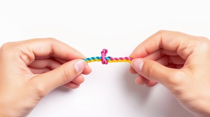 Close-up of hands tying a friendship bracelet, simple white background, flat design illustration, bright and cheerful colors, symbolizing friendship and kindness