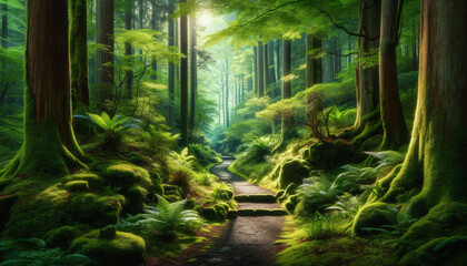 a painting of a path through a lush green forest