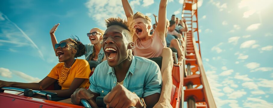 Group of friends riding roller coasters at an amusement park, excitement and joy, 4K hyperrealistic photo.
