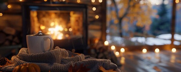 Cozy sweater weather by a crackling fireplace, hot cocoa and autumn coziness, 4K hyperrealistic photo.