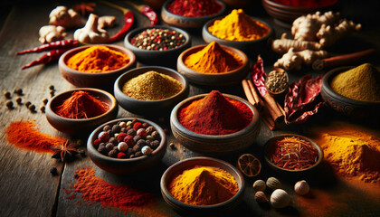 a table topped with bowls filled with different types of spices