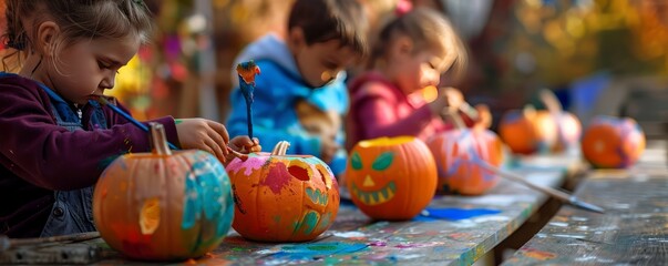Kids painting pumpkins for National Color Day, October 17th, vibrant colors and creative designs, 4K hyperrealistic photo.