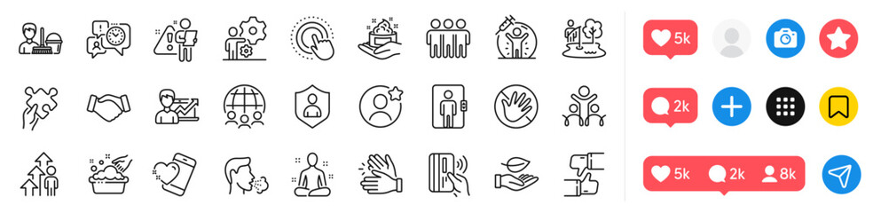 Elevator, Fishing place and Friendship line icons pack. Social media icons. Job, Like, Employee result web icon. Hand washing, Yoga, Success business pictogram. Security, Inclusion, Handshake. Vector