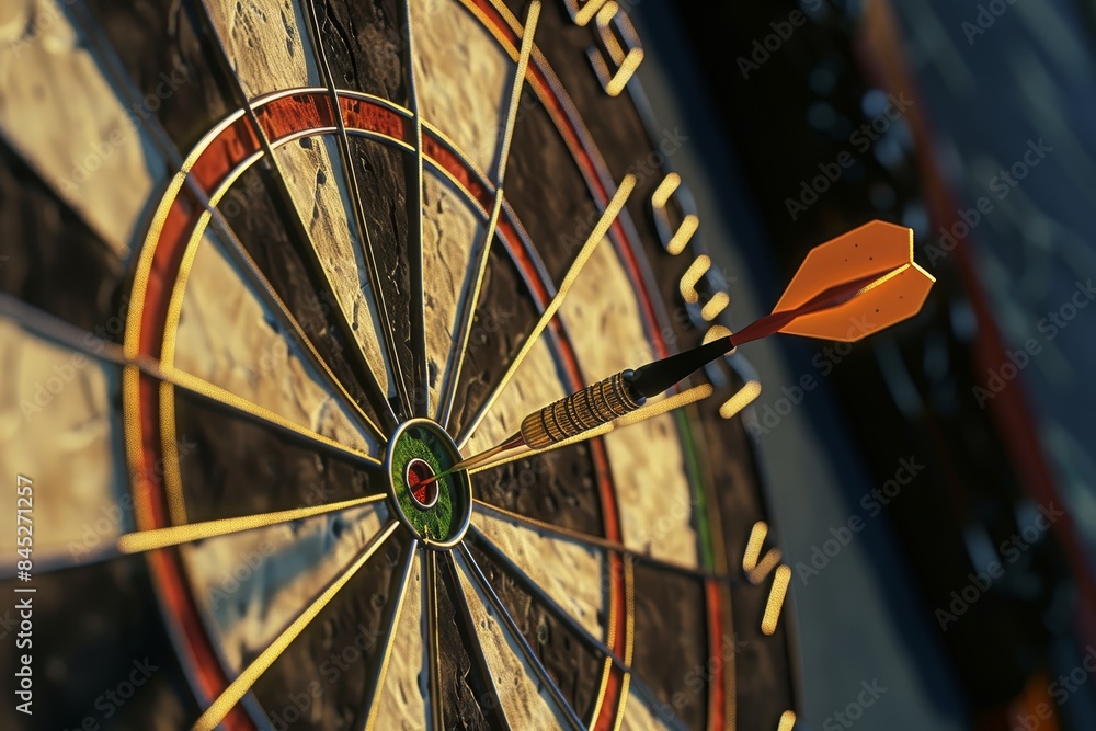 Poster spot-on accuracy with a dart hitting the bullseye on a dartboard, highlighting precise aim