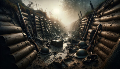 a group of soldiers helmets sitting on top of a muddy road