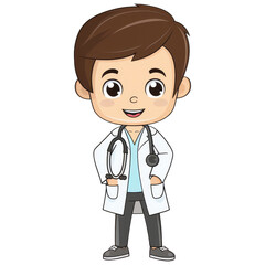 Fototapeta premium Cartoon Doctor Boy With Brown Hair And White Coat On A Transparent Background Clipart