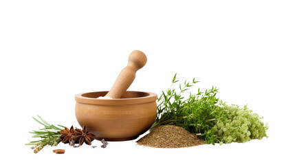 Mortar with healing herbs and pestle on white wooden table, flat lay. Space for text.