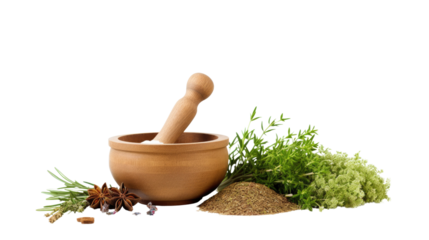 Mortar with healing herbs and pestle on white wooden table, flat lay. Space for text.