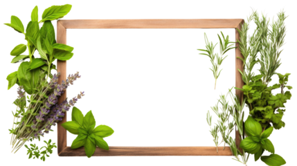 Collection of fresh herbs. Basil, mint, dill, thyme, mint, lavender. On wooden frame with space for text. with space for text.On the parchment paper background.