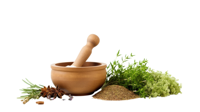 Mortar with healing herbs and pestle on white wooden table, flat lay. Space for text.