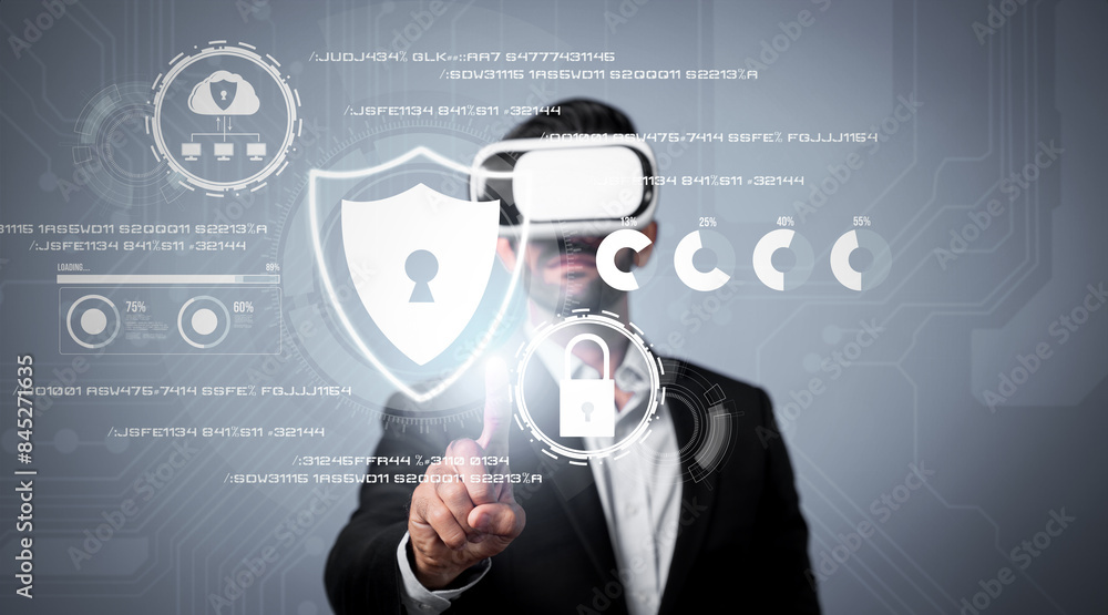 Poster caucasian project manager wearing vr glasses while look at hologram of security system. smart busine