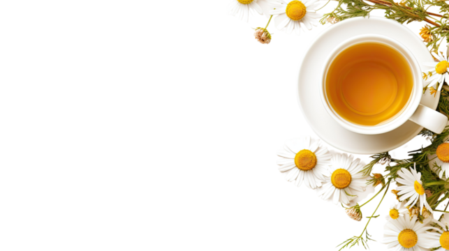 A cup of herbal tea containing chamomile. Mint and other herbs On a light background, top view, with space for text.On the parchment paper background