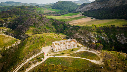 Aerial view of Archaeological Park of Segesta ruins in Sicily , temple 