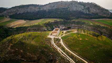 Aerial view of Archaeological Park of Segesta ruins in Sicily , temple 