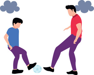 A boy is playing football with a child.