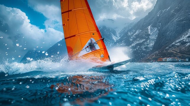 photograph of A windsurfer catching speed across a windy lake, the sail fully extended and water spray highlighting the action wide angle lens.