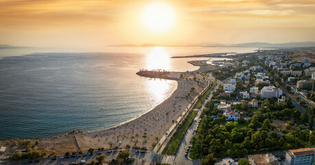 Obraz premium The coastline of Glyfa´da, south Athens, Greece, with beaches and marinas during summer sunset time