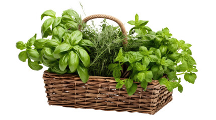 Naklejka premium Photograph of a basket overflowing with fresh Western herbs, such as basil, oregano, and thyme