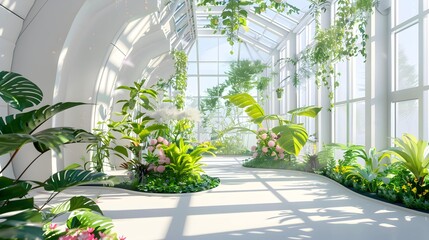 Futuristic indoor botanical garden spectacular design 3D illustration with summer floral and foliage