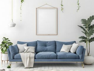 Modern living room with blue sofa against white wall and poster frame