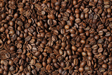 Freshly Roasted Coffee Beans Background. Espresso Brewing. Cafe.