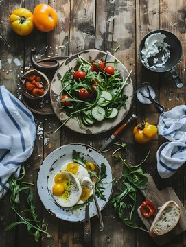 Fresh summer vegetable salad with mozzarella cheese arugula and cherry tomatoes on wooden table Healthy eating idea Flat lay view