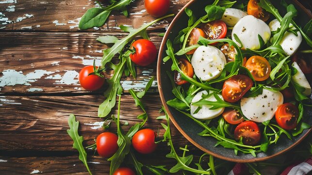 Fresh summer vegetable salad with mozzarella cheese arugula and cherry tomatoes on wooden table Healthy eating idea Flat lay view