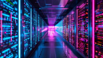 Futuristic server room data center. 3d rendering. Computer digital image.