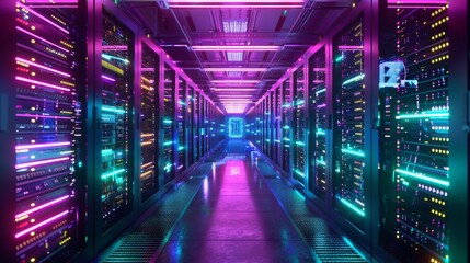 Futuristic server room with glowing neon lights. 3D rendering