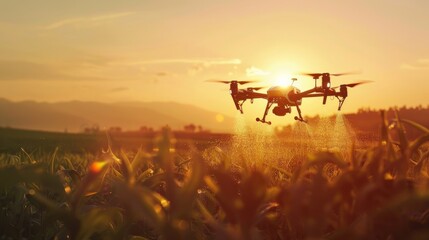 Drone with digital camera flying over corn field at sunset or sunrise