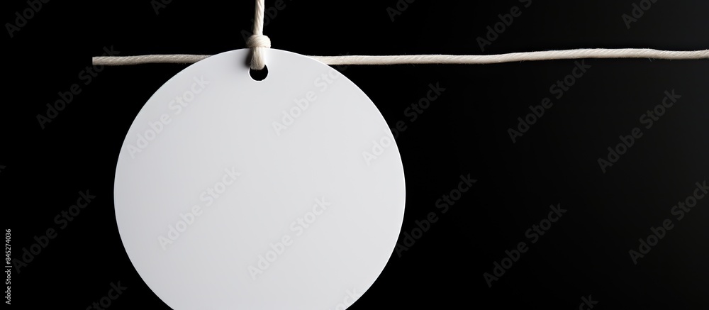 Aufkleber close up of a white round label mockup with a white cord the blank paper price tag is isolated on a 