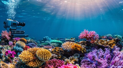 Naklejka premium Coral reef with a camera and sunlight. Underwater photography.