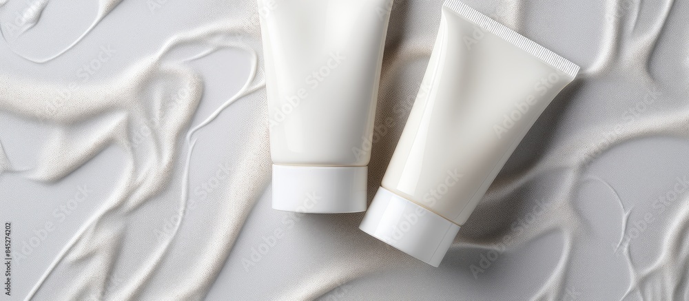 Poster a top view of two cream or lotion tubes made of plastic and in white color placed on a white towel t