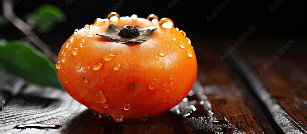 Aufkleber A close up side view of a persimmon resting on a wooden background adorned with water droplets There is plenty of copy space available for text or additional elements
