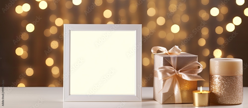 Aufkleber high quality photo of a portrait white picture frame mockup adorned with christmas gifts and illumin