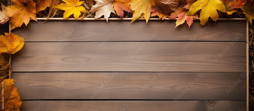 Poster postcards with a wooden background capturing the essence of autumn beautifully framed by colorful le