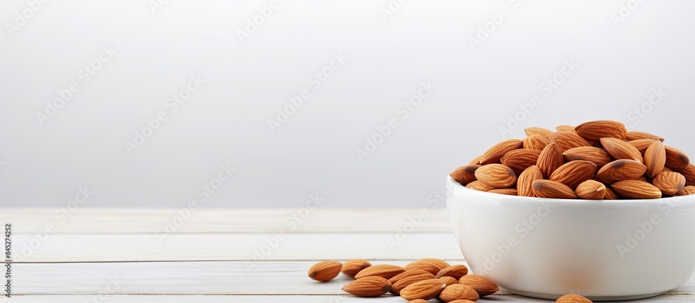 Poster a close up image of a delicious and healthy almond snack displayed in a white ceramic bowl placed on