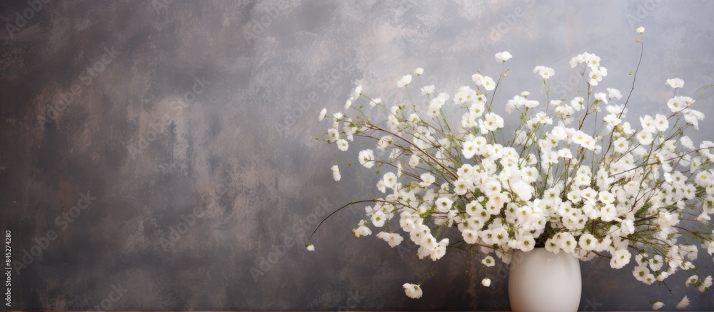 Poster a stunning bouquet of gypsophila flowers adorns a table poised against a backdrop of a light brick w