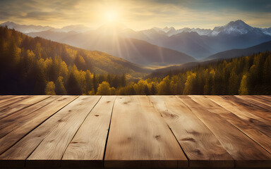 Empty plank wooden board table for copyspace template with a sunny mountain landscape in...