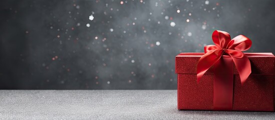 A red gift box sits on a gray cloth ideal for occasions like Christmas New Year Valentine s Day or anniversaries with space for creative designs in your project. Creative banner. Copyspace image
