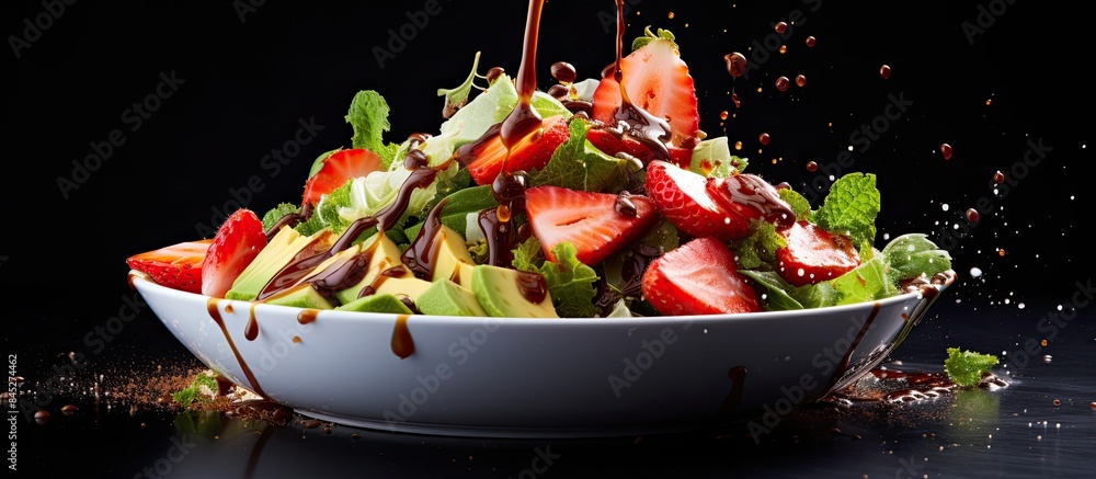 Poster A copy space image of a refreshing summer salad featuring strawberries avocado lettuce onion cucumber and green peas drizzled with balsamic sauce