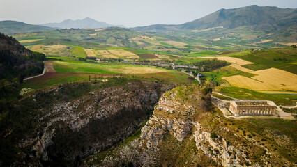 Aerial view of Archaeological Park of Segesta ruins in Sicily , temple 