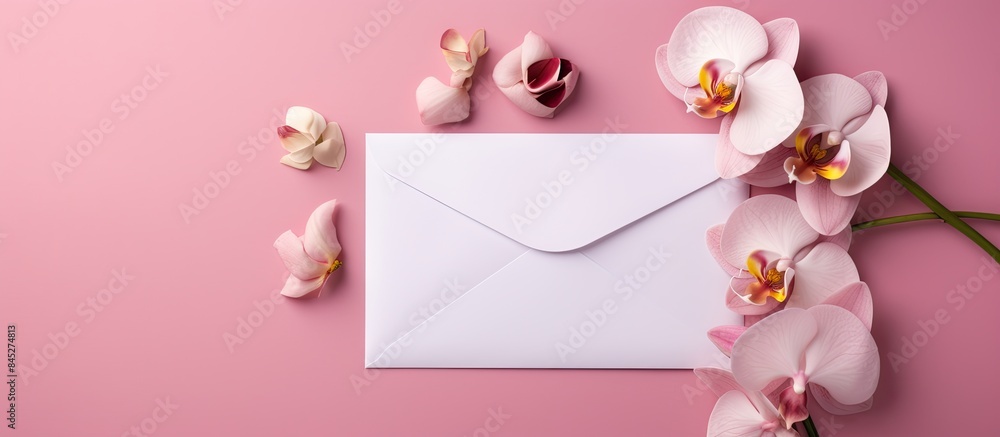 Poster a celebration inspired flat lay features a pink background adorned with an orchid flower an envelope
