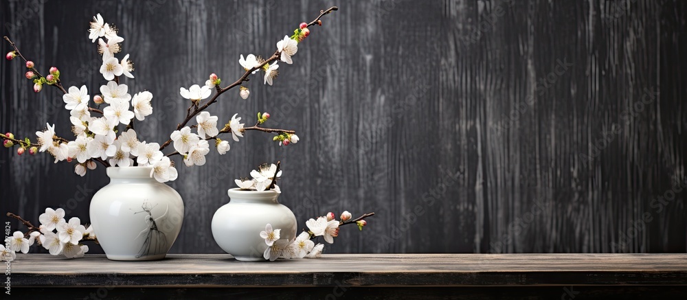 Poster a wooden table showcasing black and white vases adorned with beautiful spring apricot blossoms creat