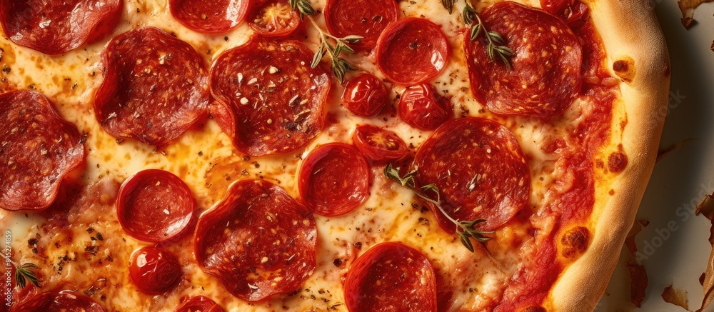 Poster a top view of a crispy homemade oven baked pepperoni pizza with tomatoes cheese salami and red sauce