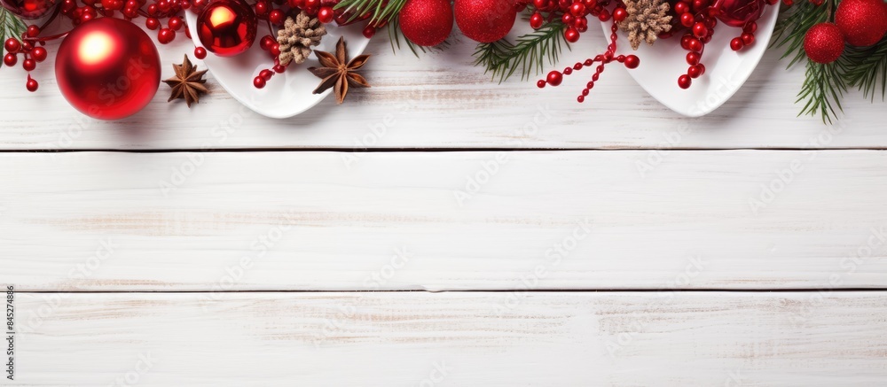 Poster a festive christmas holiday background featuring a red napkin and elegant cutlery arranged on a whit